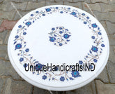 Unique White Marble Table Top / Lapis Lazuli Pietra Dura Inlay Floral Stones Arts Round Coffee Table Unique Living Room Decor Piece Unique Handicrafts IND